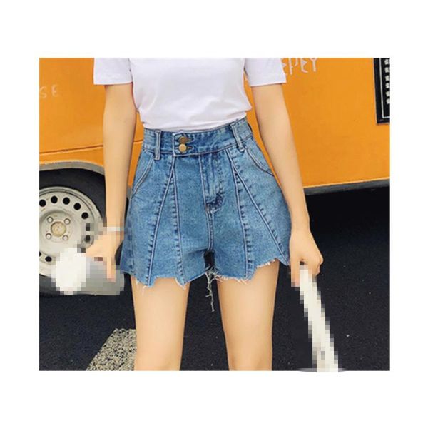 

stitching korean high waist women's denim shorts washed wide leg pants jeans, Blue