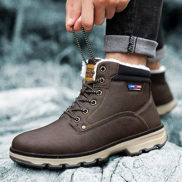 

boots winter men high-water-resistant cotton shoeslace up male plus velvet warm snow outdoor casual shoes ankle, Black