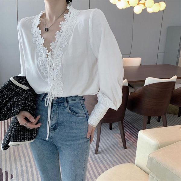 

women's blouses & shirts alien kitty 2021 romance lace fashion casual slim high street ol gentle all match elegant autumn loose, White