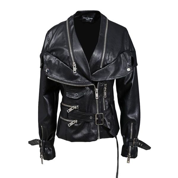 

women's leather & faux women punk pu jacket autumn coat 2021streetwear black female belt locomotive gothic vintage slim outwear