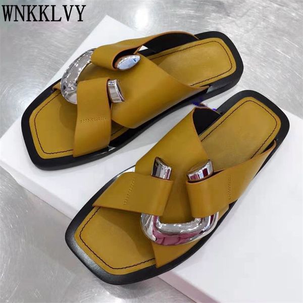 

80% off store online new metal buckle women slippers square toe flat mules summer fashion beach shoes ladies genuine leather runway sandals, Black
