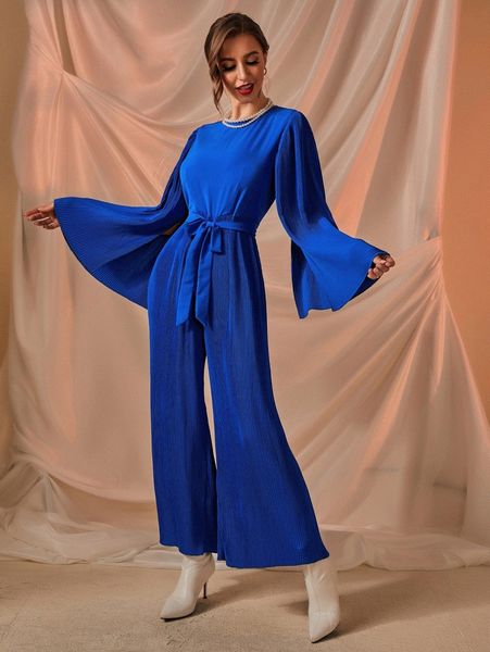 

trumpet sleeve plisse belted wide leg jumpsuit e6po#, White