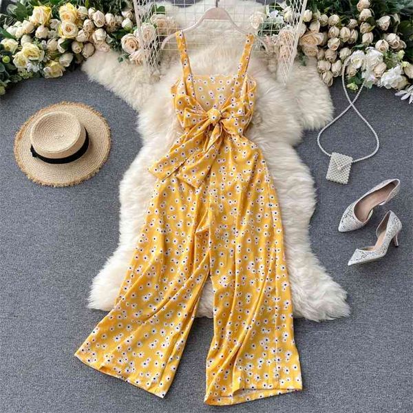 

holiday printed jumpsuit summer wear for women fashion sleeveless backless bow high waist slim wide leg overalls m777 210527, Black;white