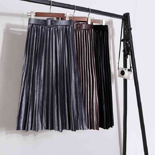 

pleated skirt with belt women's autumn winter korean high-waist a- line midi female elegant slim retro velvet 210420, Black