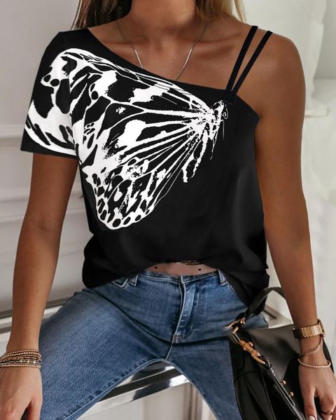 

women's t-shirt summer women fashion casual tshirts tee tee-shirts plus size one shoulder butterfly print oversize, White