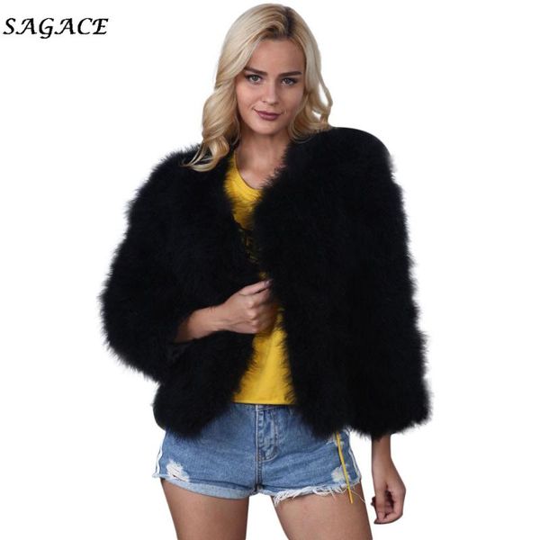 

women's fur & faux clothes coats women fashion warm solid soft lady winter casual ostrich feather coat jacket fluffy xmax, Black