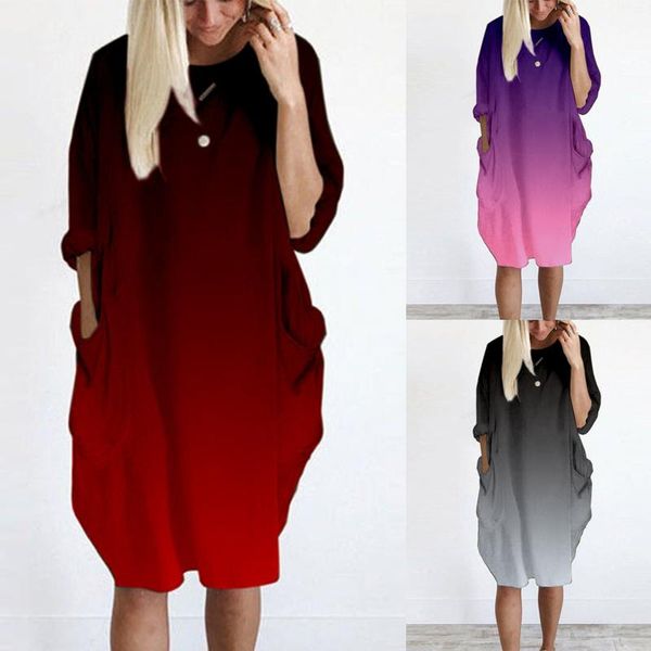 

autumn womens dresses pocket loose dress ladies crew neck casual long girl female fashion big vestido, Black;gray