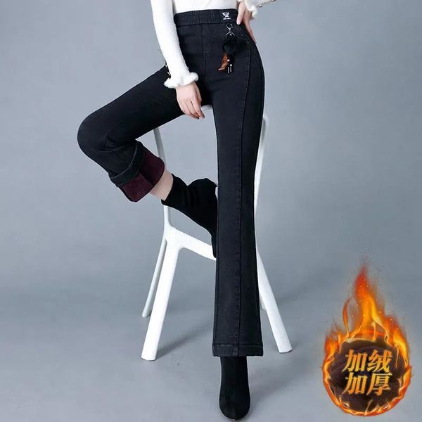 

women's jeans large size embroidery thick flare women elastic waist denim joggers korean fashion harajuku pant fleece vintage mom, Blue