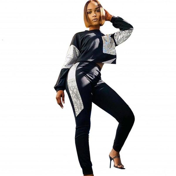 

casual dresses fashion sequined patchwork two piece set women t shirt crop and pants outfits autumn street style hip hop matching sets jv6w, Black;gray