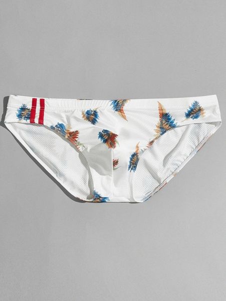 

men side striped plants print brief w48h#, Black;brown