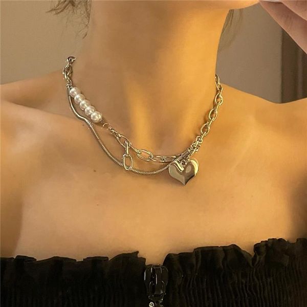 

chains punk silver color pearl love heart chunky chain choker necklace for women girl alloy geometric link charming necklaces