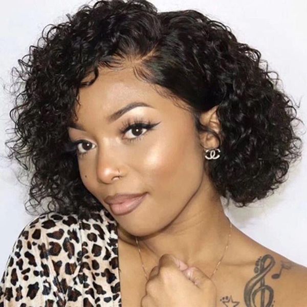 

lace wigs trueme pixie cut curly bob wig front human hair for women afro kinky pre plucked with baby, Black;brown