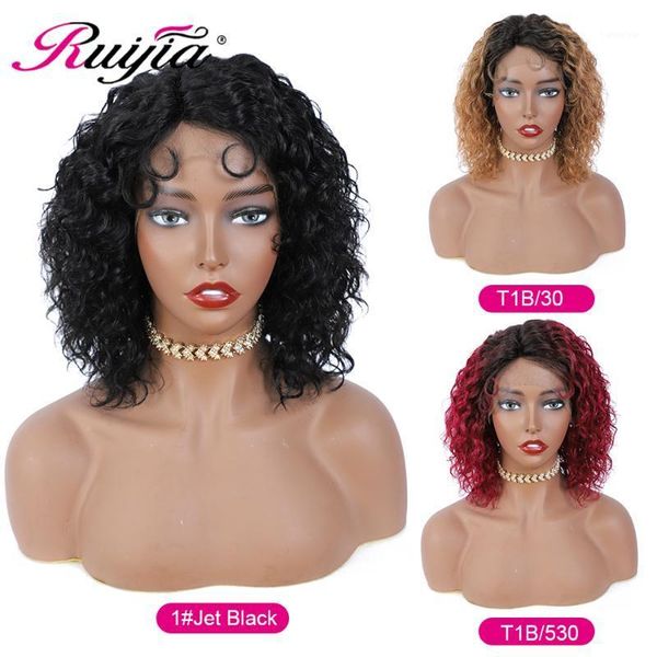 

ruijia brazilian hair water wave t part lace wigs natural black ombre colored non-remy human for women 150% density1, Black;brown