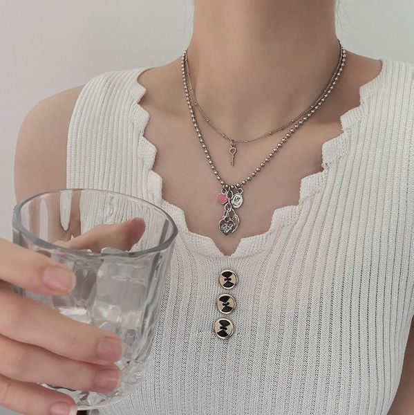 

pendant necklaces vsnow double-layer pink love heart letter lock key necklace for women hiphop round bead metal chain jewelry, Silver