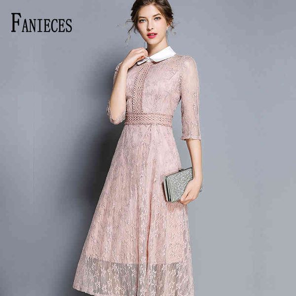 

fashion women elegant sweet hallow out office lace dress a-line party princess slim summer dresses vestidos robe femme 210520, Black;gray