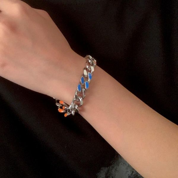 

link, chain ingemark stainless steel silver color cuban curb bracelets for men women oil printed chunky metal bangles couple jewelry, Black