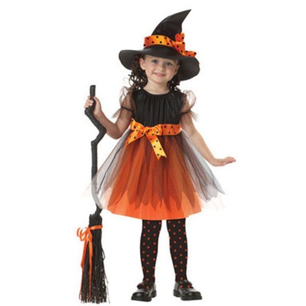

toddler girl witch cosplay costume kids short sleeve dress with polka dot ribbon pointed hat for halloween fairytale party props casual dres, Black;gray