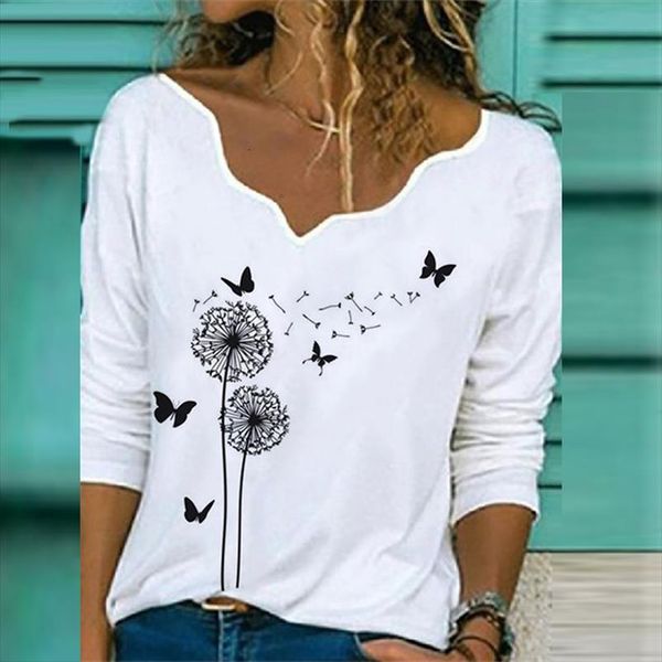 

elegant v neck womens shirt long sleeve autumn dandelion letters print casual fashion streetwear female pullover, White