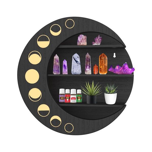 

hooks & rails wooden moon phase crystal wall shelf floating hanging storage holder indoor home decorations simple art flower pot rack
