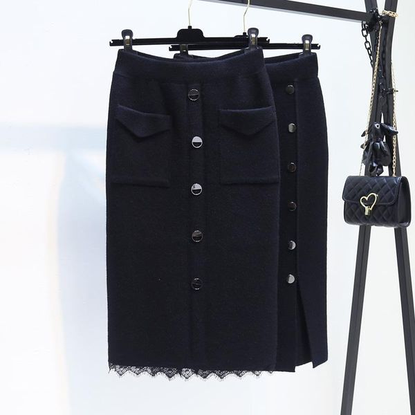

skirts thickened straight tube knitted half skirt autumn / winter 2021 women's lace splicing black medium length wool hip