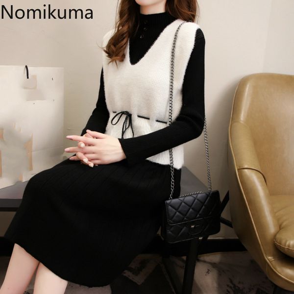 

nomikuma autumn outerwear outfits office v neck slim waist vest long sleeve a line dress women two piece set ropa mujer 3d038 210514, White