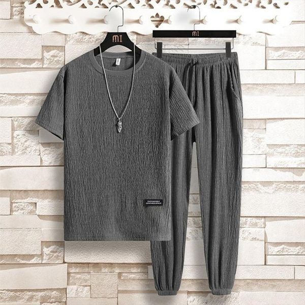 

summer casual sport suit men tracksuit short sleeve two piece sets fashion loose ice silk pullover drawstring trouser big, Gray