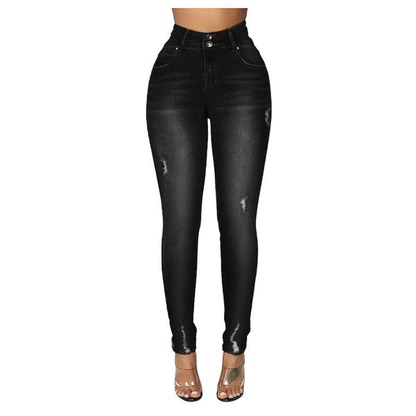 

fashion harajuku straight woman jeans high waist paddy denim pants pocket holed pencil trouser mom women's, Blue