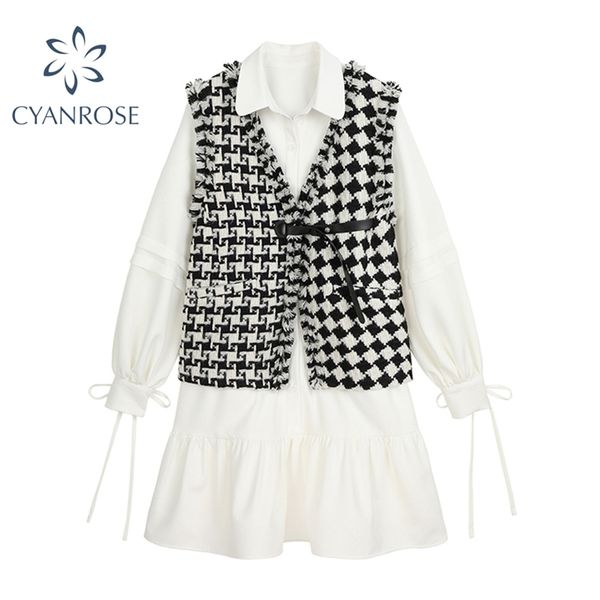 

korean outfit sets women white long sleeve crop midi shirt dress and tweed geometri cardigan bandage sleeveless vest 2 pcs lady 210430, Black;gray