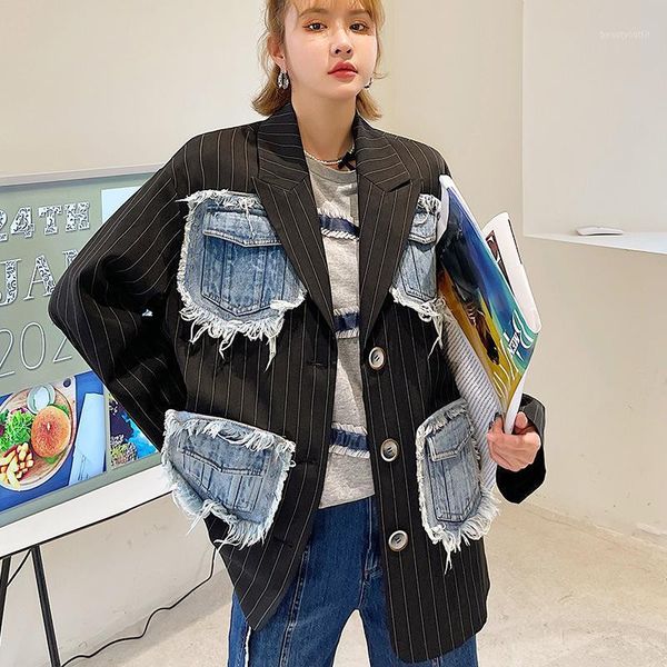 

[ewq] streetwear ladies black clothing distressed denim loose suits blazer coats stitching design 2021 spring 16w62 women's & blazers, White;black