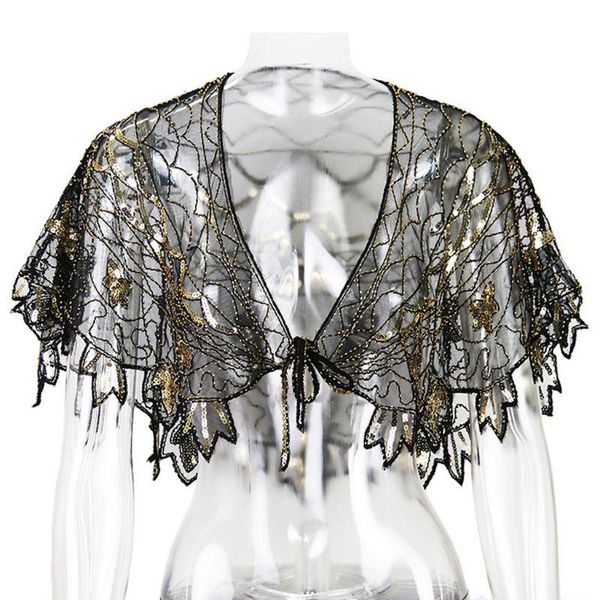

scarves womens 1920s vintage shawl wedding wraps glitter sequined leaves evening party cape sheer mesh bolero flapper cover up, Blue;gray
