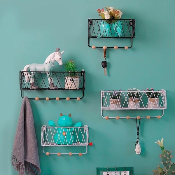 

nordic simple grid wall shelf creative mounted key hook display stand living room entryway decoration book storage basket baskets