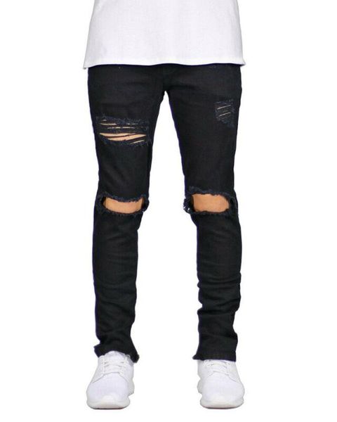 

men's pants men casual skinny destroyed frayed biker slim fit m trousers with holes menswear plus size, Black
