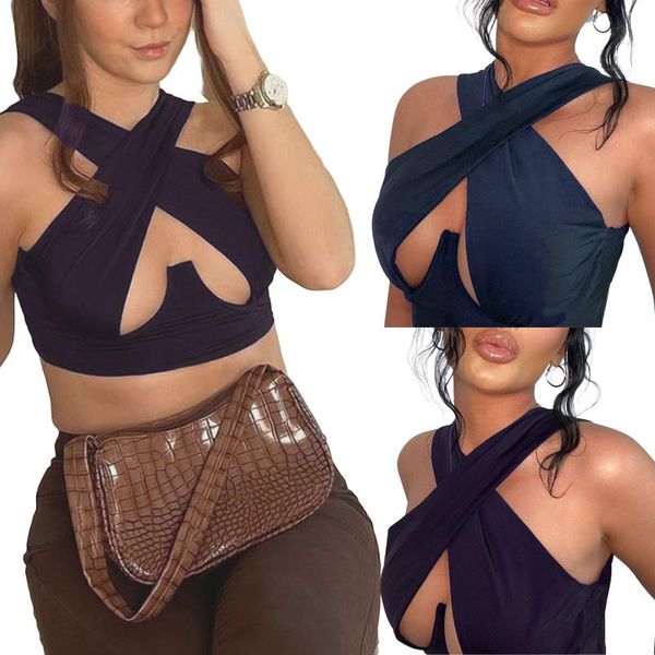 

women's tanks & camis cross halter wrap crop sleeveless solid color cutout bandage camisole fashion 2021, White