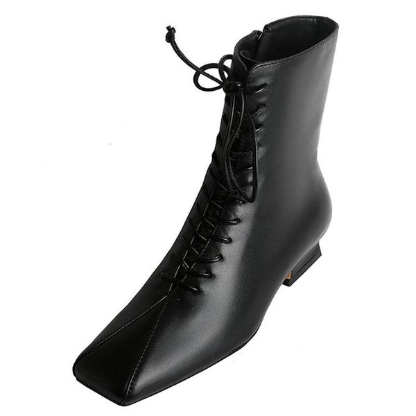 

boots lace-up working casual women ankle concise office lady genuine leather shoes woman 2021 autumn winter low heels, Black