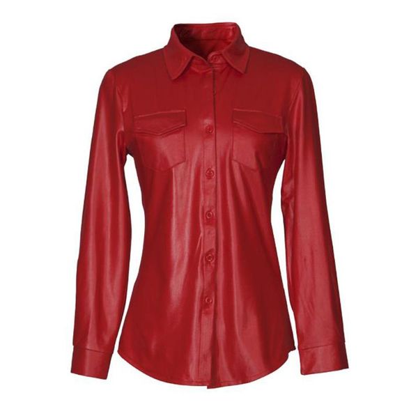 Damenblusen, Hemden, Damen-Bluse aus Kunstleder, rot, schwarz, langärmelig, einreihig, Knöpfe, Büro, Damen, PU-Shirt, Freizeitoberteile, Kleidung