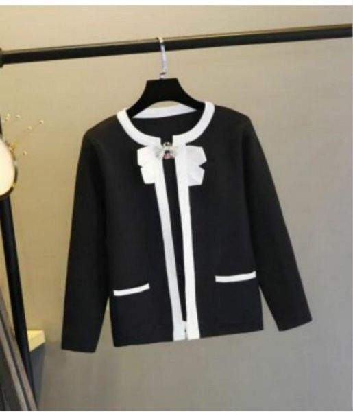 

women's jackets autumn design o-neck long sleeve black white color block bow patchwork knitted sweater cardigan short coat sml, Black;brown