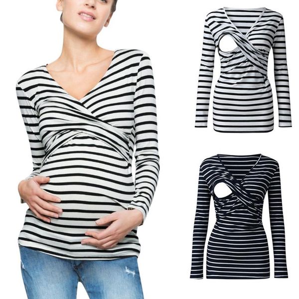 

maternity & tees ladies pregnant women breastfeeding stripe long sleeve shirts shirt nursing zwangerschaps kleding, White