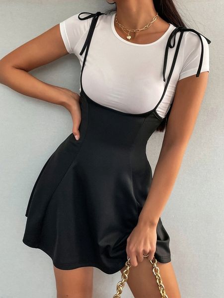 

solid tee & knot shoulder plicated detail overall dress h3ru#, White