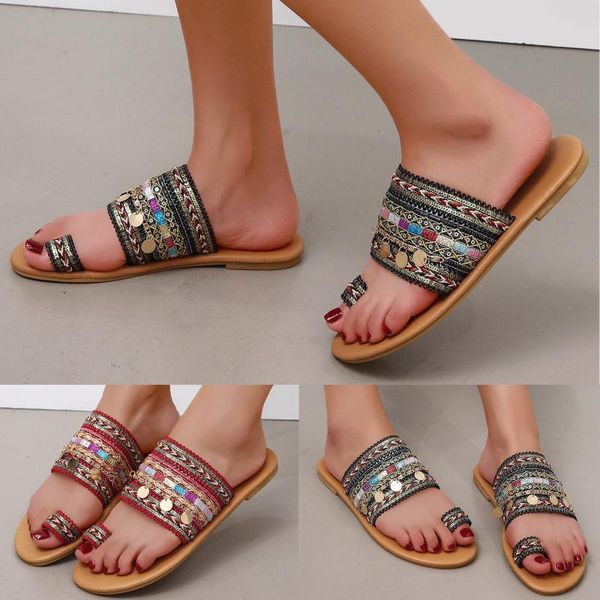 

sandals summer ethnic style beach slippers women's flat bottom retro toe bosden large shoes chaussure femme, Black