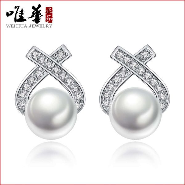 

sweet simple triangle zircon freshwater pearl earrings female