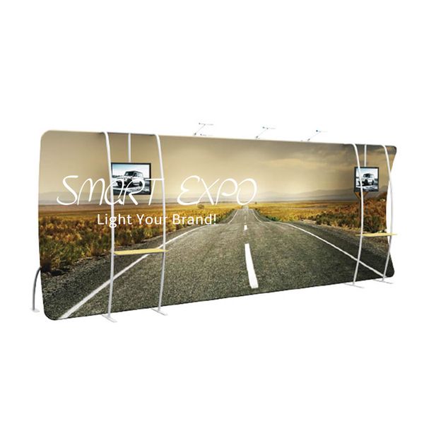 

large trade fair 20ft exhibition booth backdrop advertising display stand with shelf rack tv holder tension fabric printed graphic portable