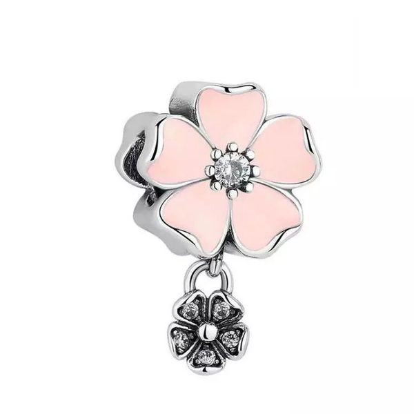 

fits pandora sterling silver bracelet cherry blossom floral magnolia dangle beads charms for european snake charm chain fashion diy jewelry, Black