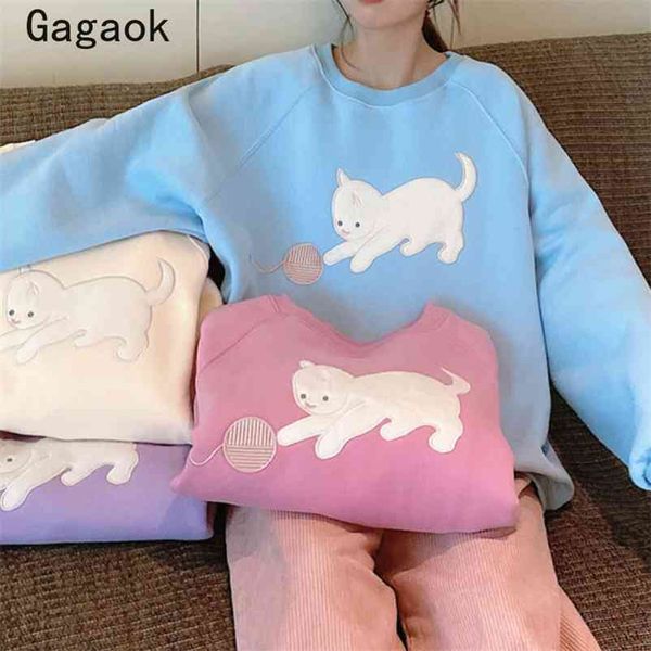 

woman hoodie spring autumn o-neck thick cartoon hoodies loose sweet cute casual wild korean fashion pullovers 210531, Black