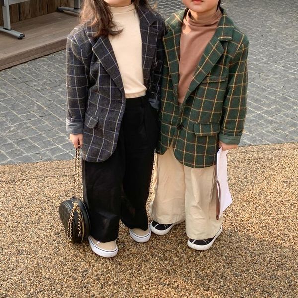 

jackets 2021 kids autumn blazer child girls plaid coat vintage baby boys jacket korean toddler clothes winter children fashion outerwear, Blue;gray