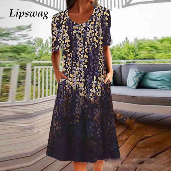 

casual dresses summer short sleeve loose vintage floral print party spring fashion o neck pocket a-line women vestidos 3ipp, Black;gray