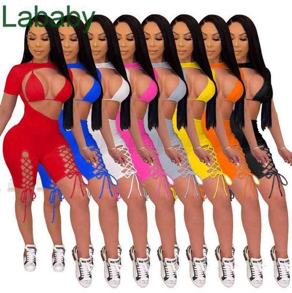 

women two pieces pants designer outfits short sleeve slim lace up jumpsuits nightclub style solid colour bandage design sportwear, White