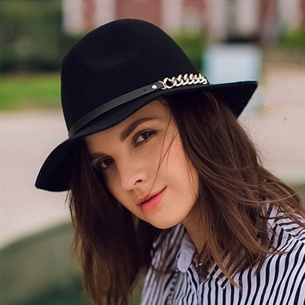

stingy brim hats autumn winter women felt fedoras hat wide gold chain bowler gentleman elegant lady jazz cap, Blue;gray