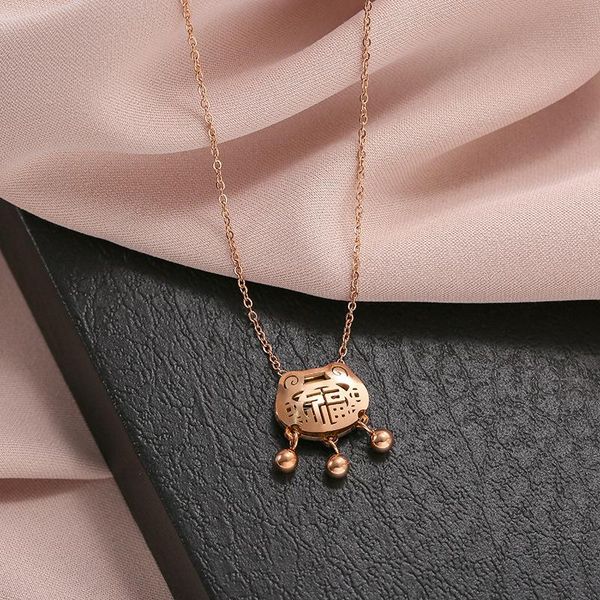 

chains long life lock titanium steel necklace female tassel bell hollow blessing clavicle chain simple wild national trend jewelry, Silver