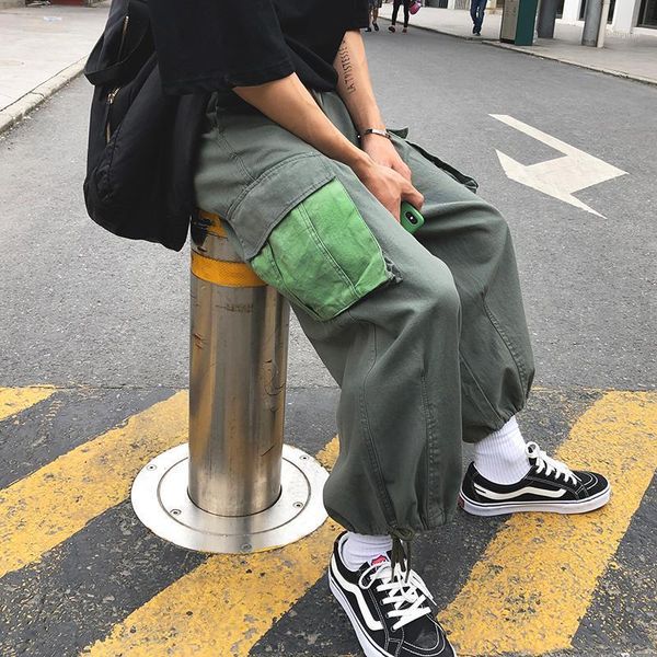 

spring overalls men's fashion contrast color stitching casual straight nine pants street trend wild hip hop loose trousers, Black