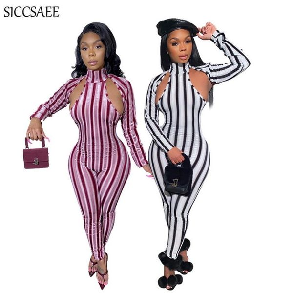 

women's jumpsuits & rompers hole cut out turtleneck bandage womens jumpsuit long pants back zip vertical striped printing bodycon bodys, Black;white